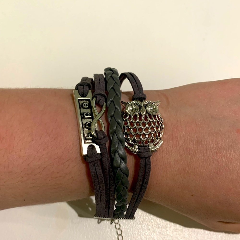 Grey faux leather bracelet Infinity ♾ 🦉 owl &hope